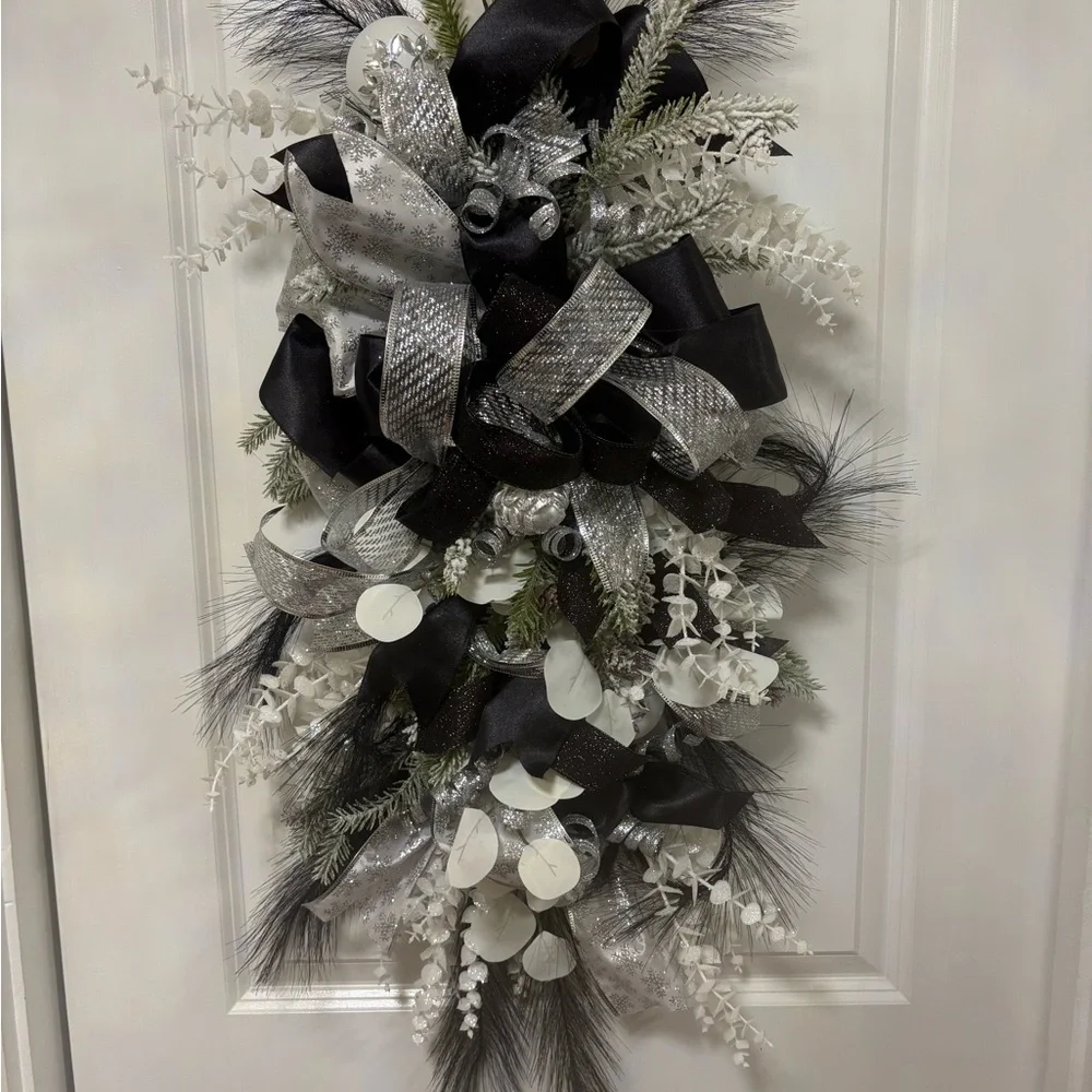 Elegant Black and Silver Holiday Door Swag - Picture 3 of 6